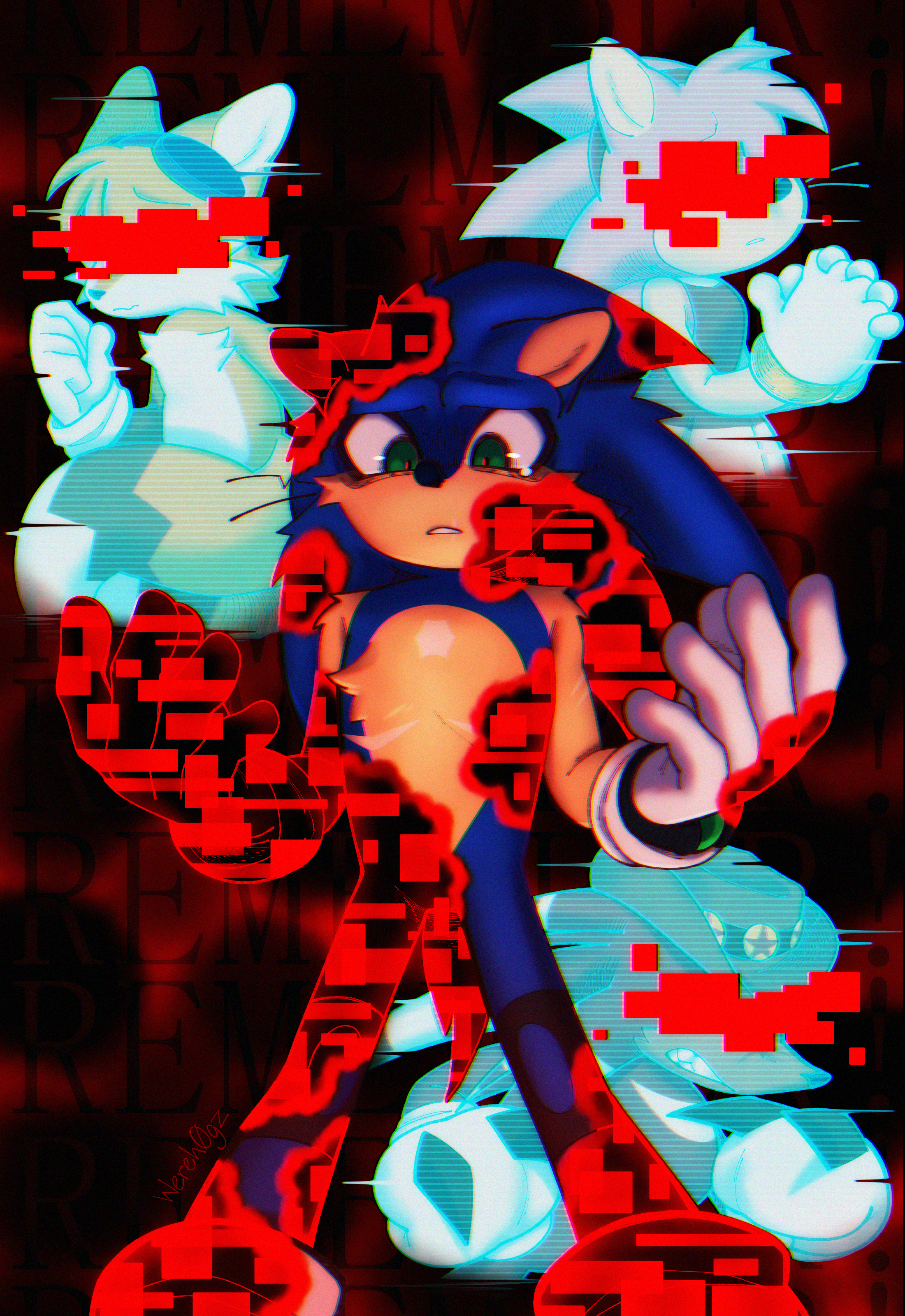 Sonic afflicted by the Cyber Corruption looking down at his hands, his digitized friends in the background.