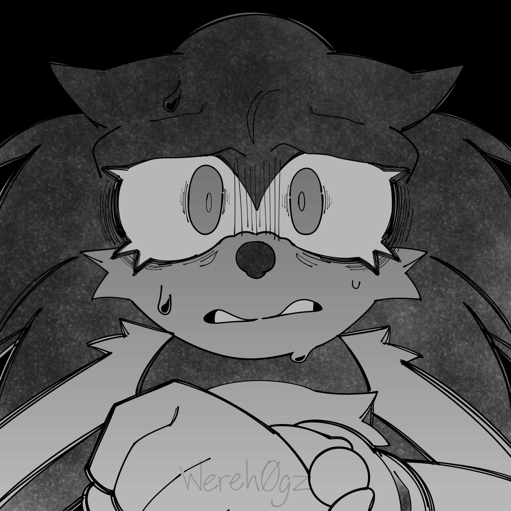 Monochrome gif of Sonic with a terrified expression.