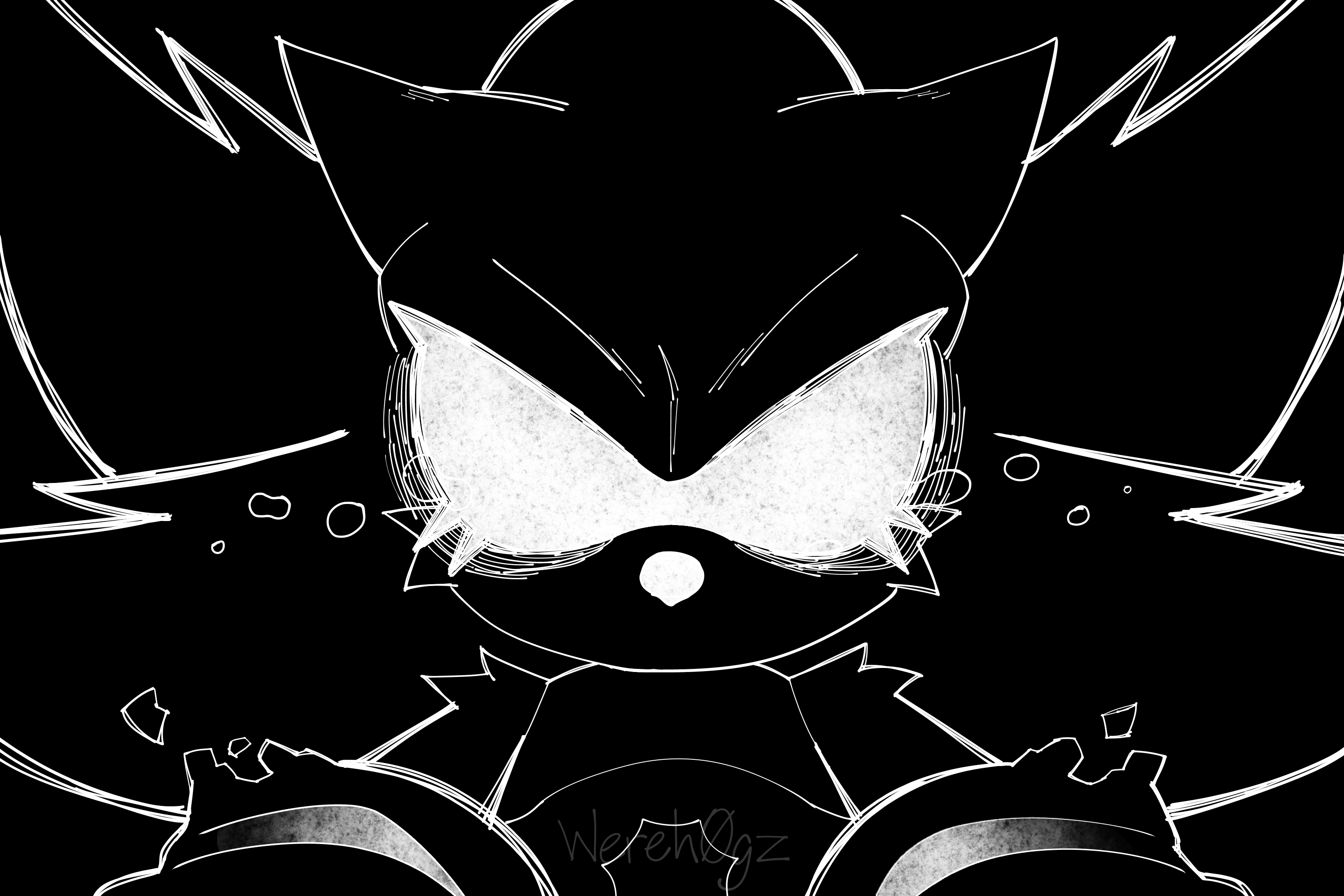 Black and white gif of Dark Sonic reaching towards the viewer's neck.