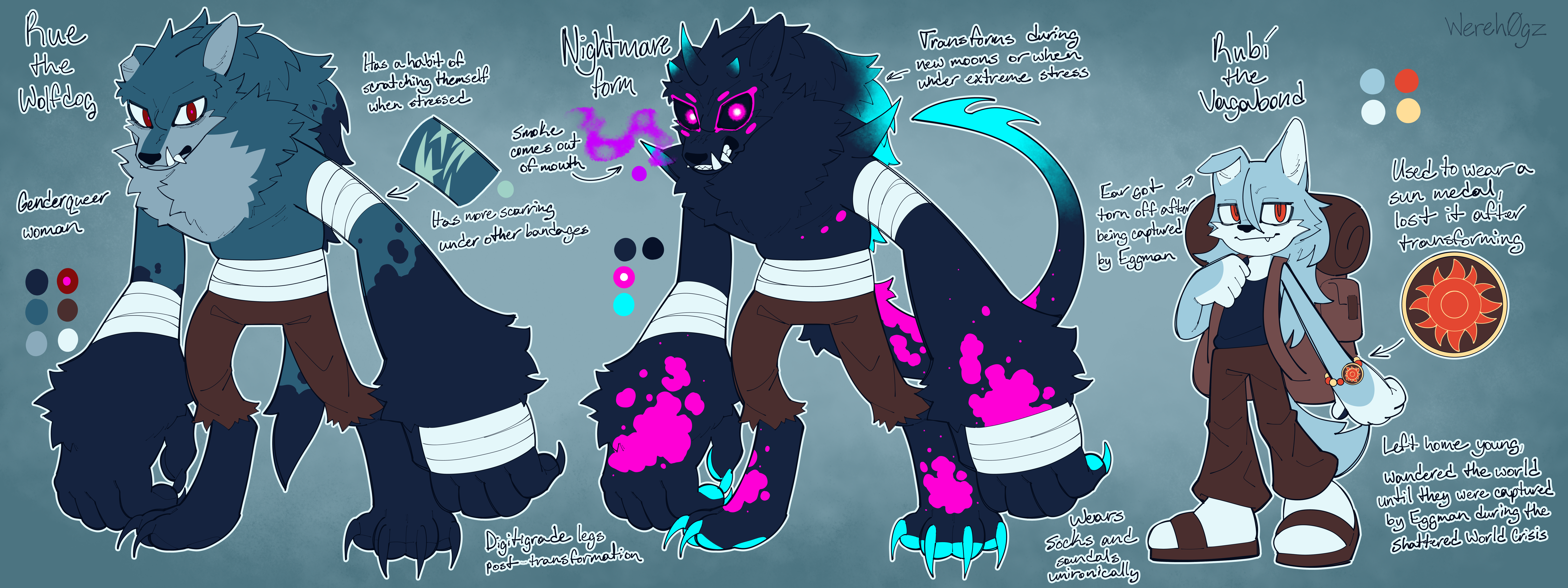 Reference image of my OC, Rue the Wolfdog in her current form, her Nightmare form, and her previous form as Rubí the Vagabond.