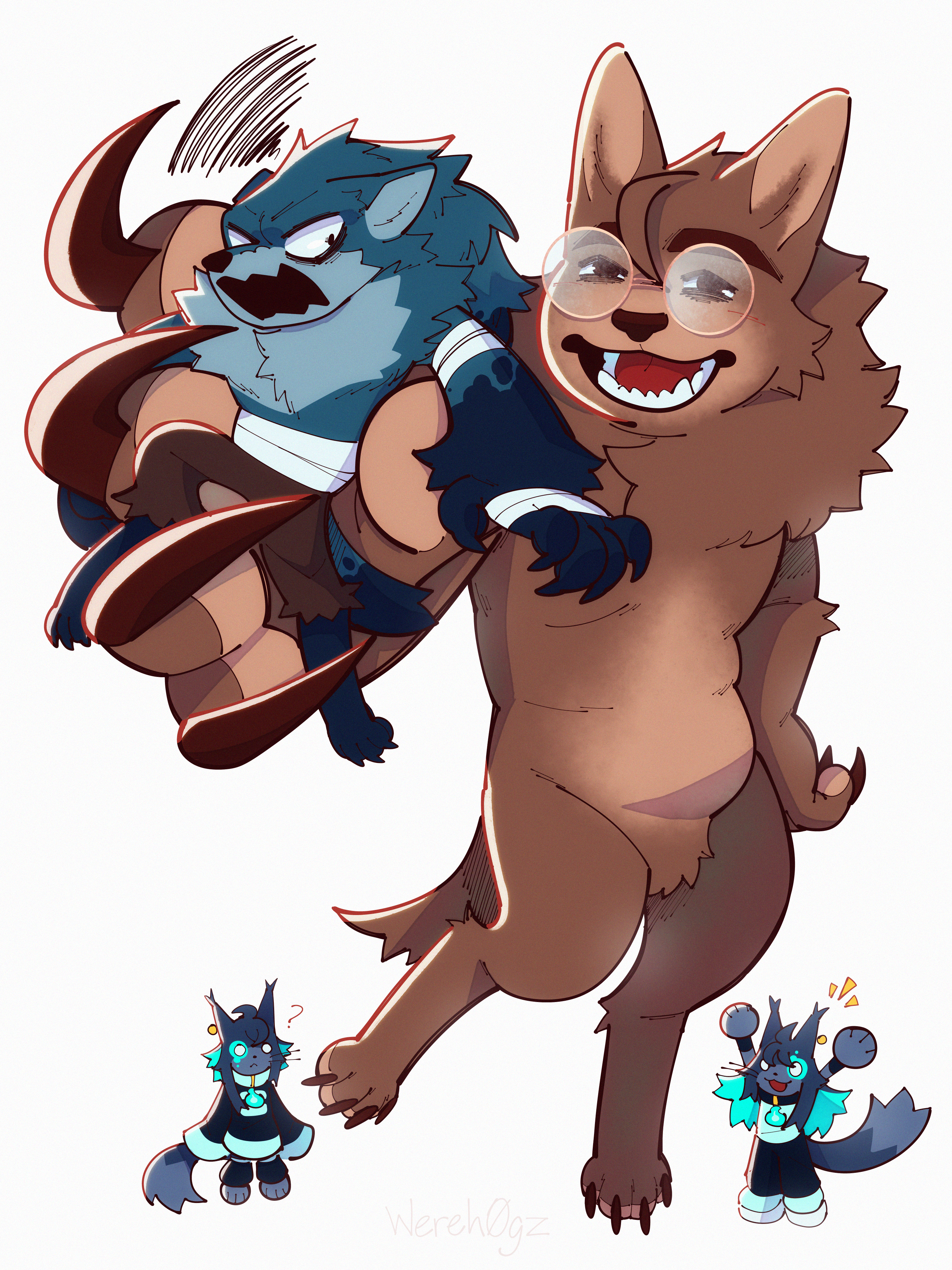 Drawing of Isa holding a small version of Rue up to the viewer, with tiny versions of Specter and Phantom standing next to him.