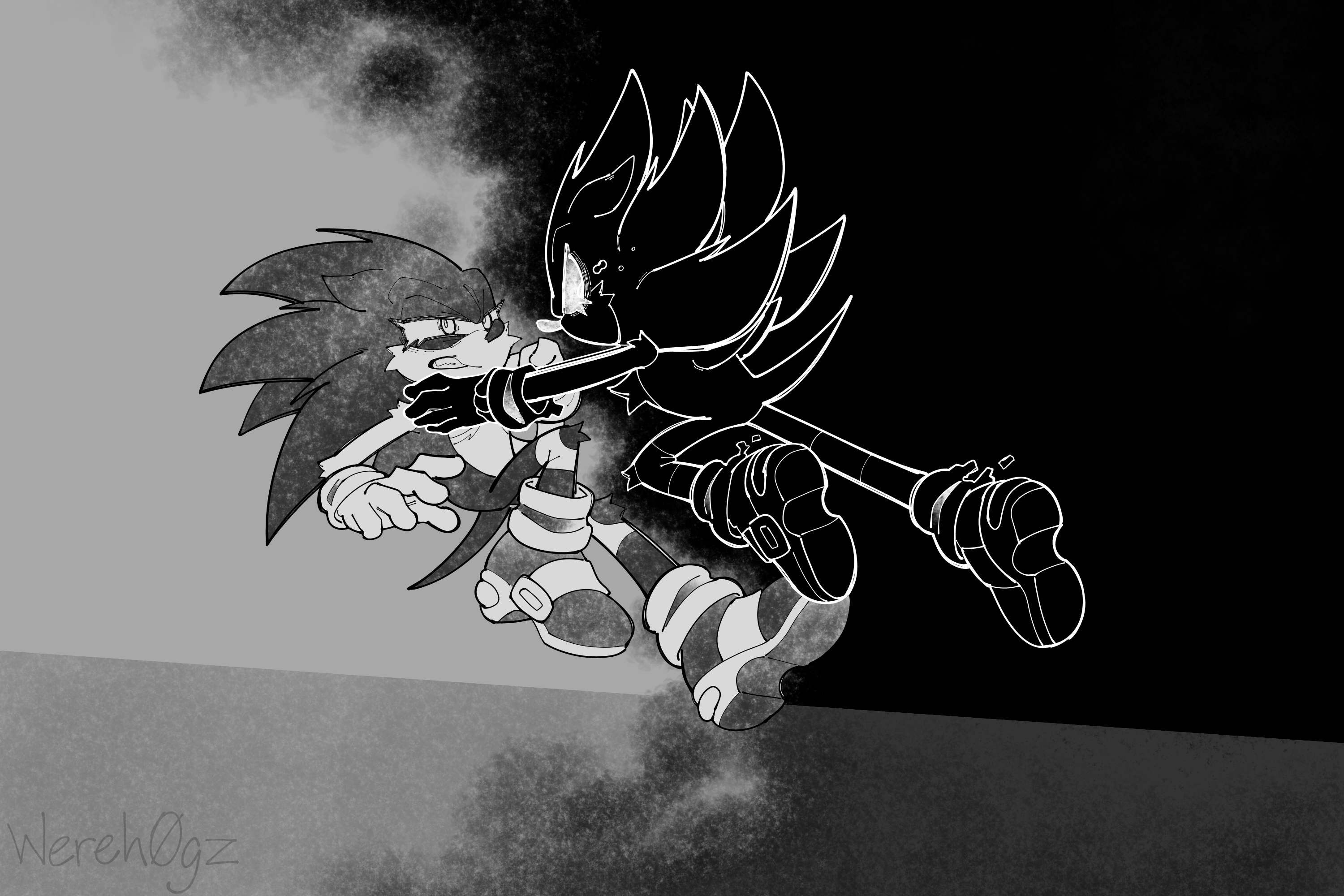 Monochrome piece of Sonic and Dark Sonic, with Sonic jumping back and Dark Sonic having his hands around Sonic's neck, darkness encroaching.