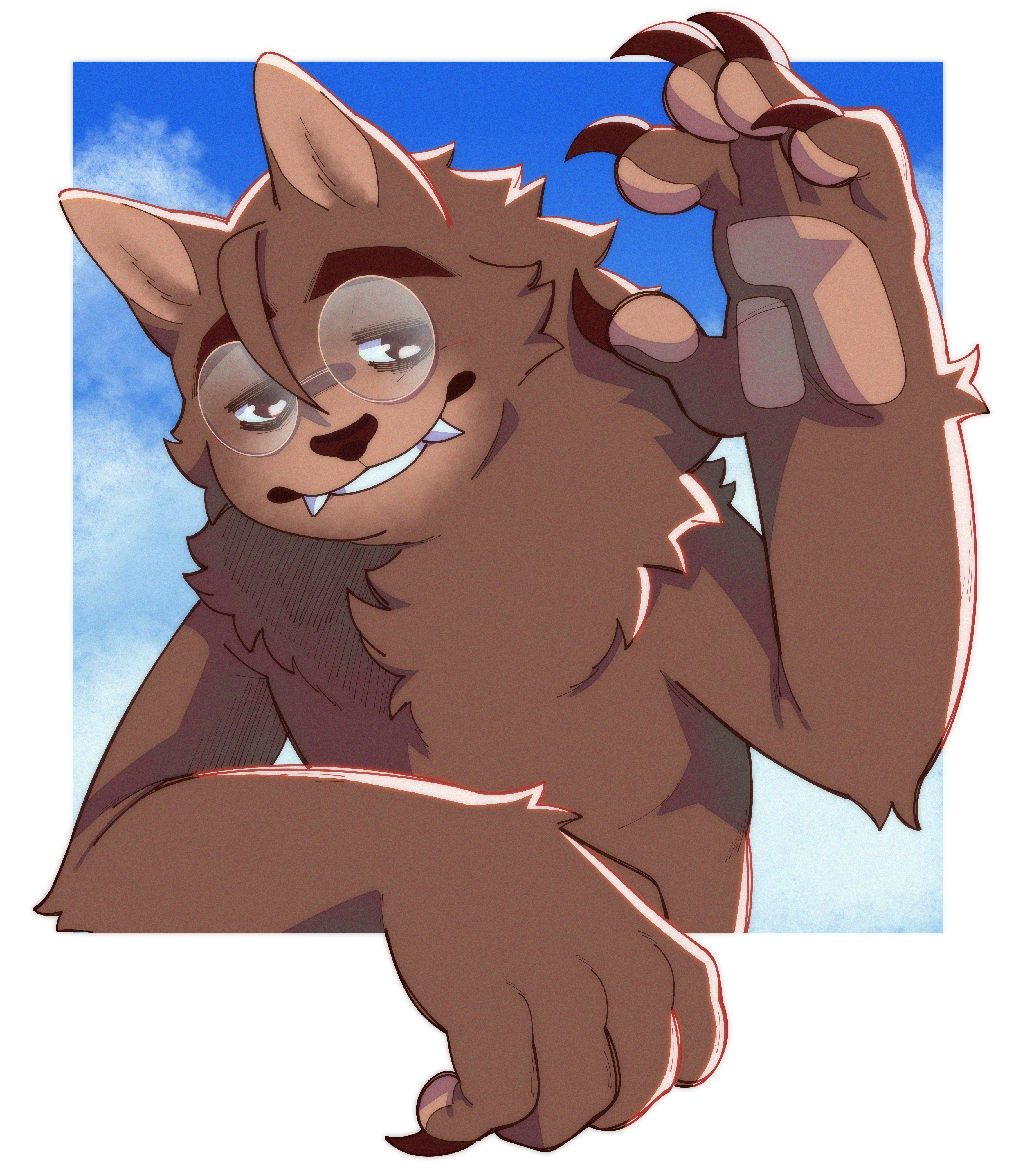 Drawing of my fursona waving from a sky background, leaning out of it as if it were a window.